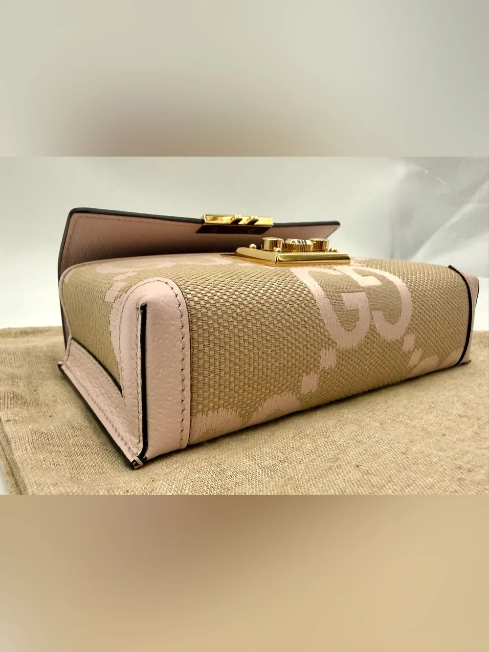 Gucci Padlock Jumbo GG Mini Calfskin Top Handle Shoulder Bag Perfect Pink /Beige